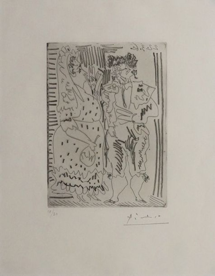 Sabartés in toreador costume and Spanish woman by Pablo Picasso