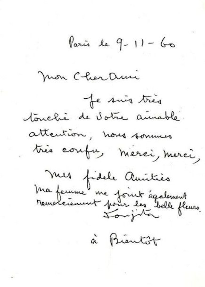 Foujita Letter in 8° autograph addressed to Yves Brayer by Leonard Tsuguharu Foujita