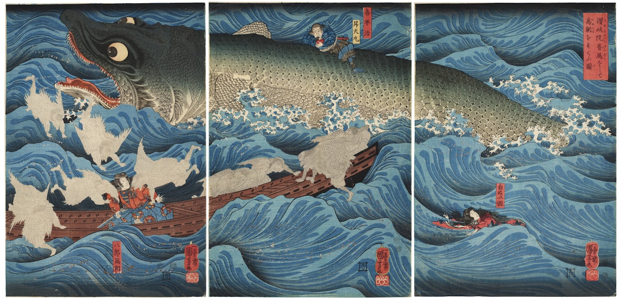 Sanuki no in kenzoku o shite Tametomo o sukuu zu (Picture of Retired Emperor Sanuki sending allies [tengu] to rescue Tametomo) by Utagawa Kuniyoshi