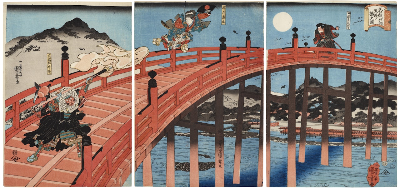 Yoshitsune ichidaiki Gojo-no-hashi no zu (Biography of Yoshitsune: Gojo Bridge) by Utagawa Kuniyoshi