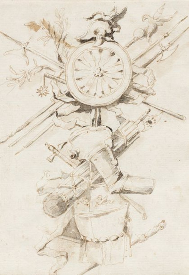 Trophy of arms with cuirass and shield surmounted by a helmet and a swan Trophy of arms with shields surmounted by a helmet by Francesco Guardi
