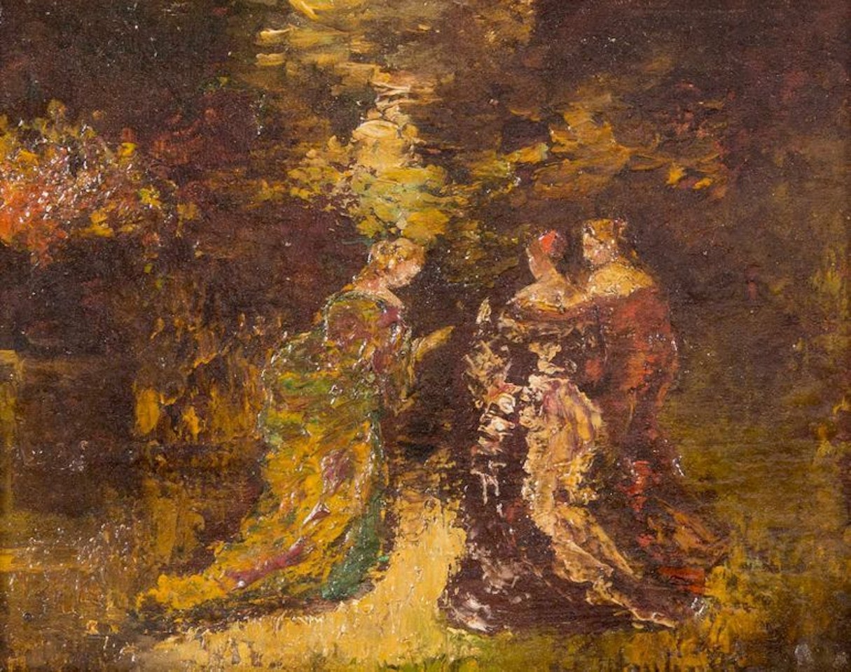 Park scene with three elegant ladies by Adolphe Monticelli