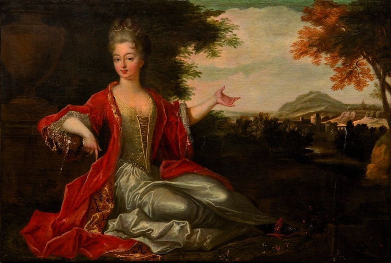 Portrait of woman against landscape background by French School