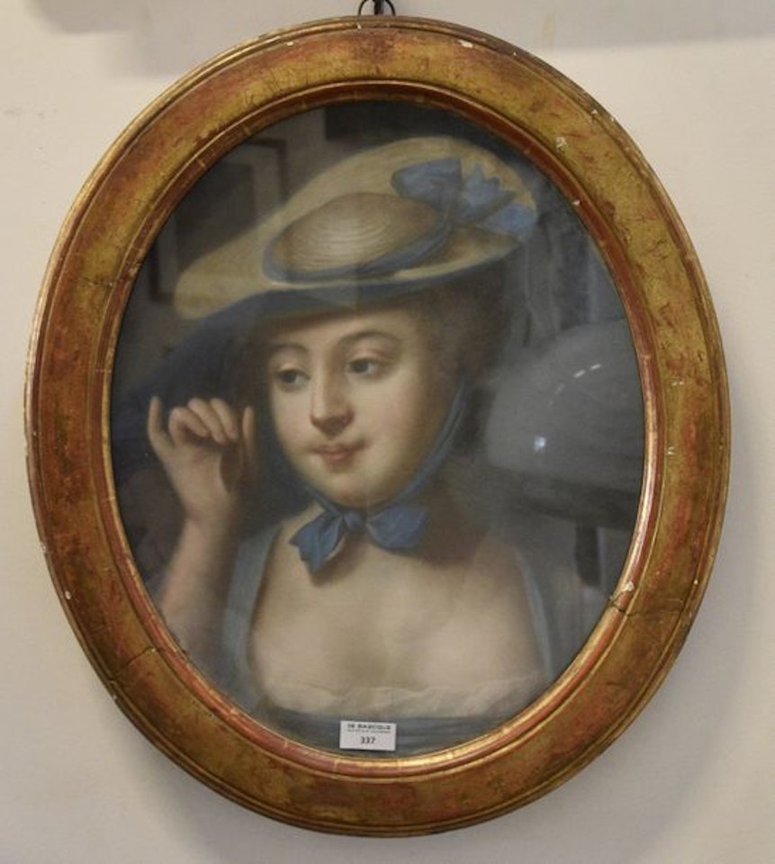 Young woman in a straw hat by French School