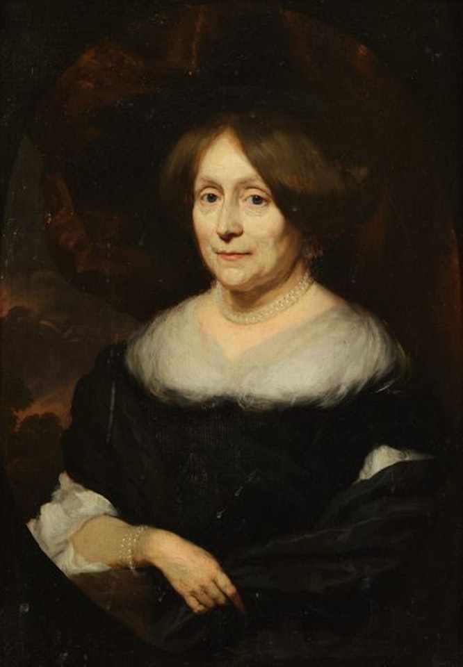 Portrait de Maria Theding van Berkhoud, épouse de Nicolas de Bye sur fond de drapé et de parc Panneau de chêne by Nicolaes Maes