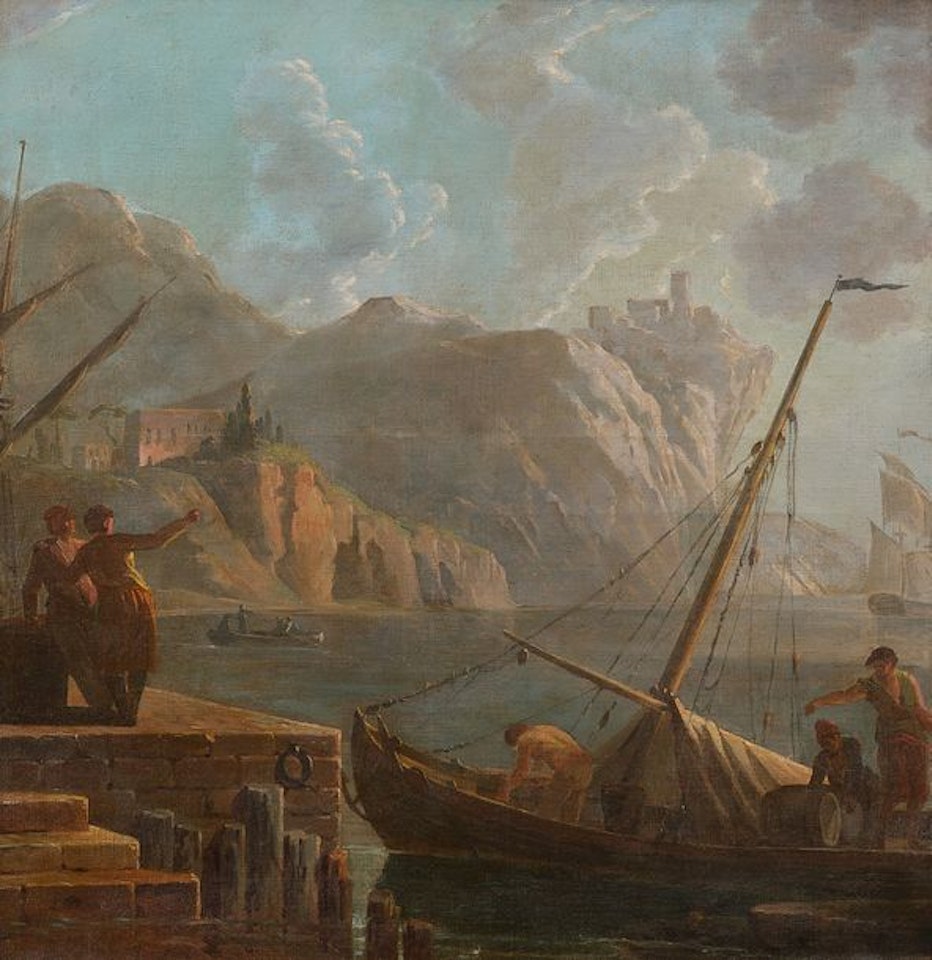 Fisherman"s ship docking at the port by Italian School