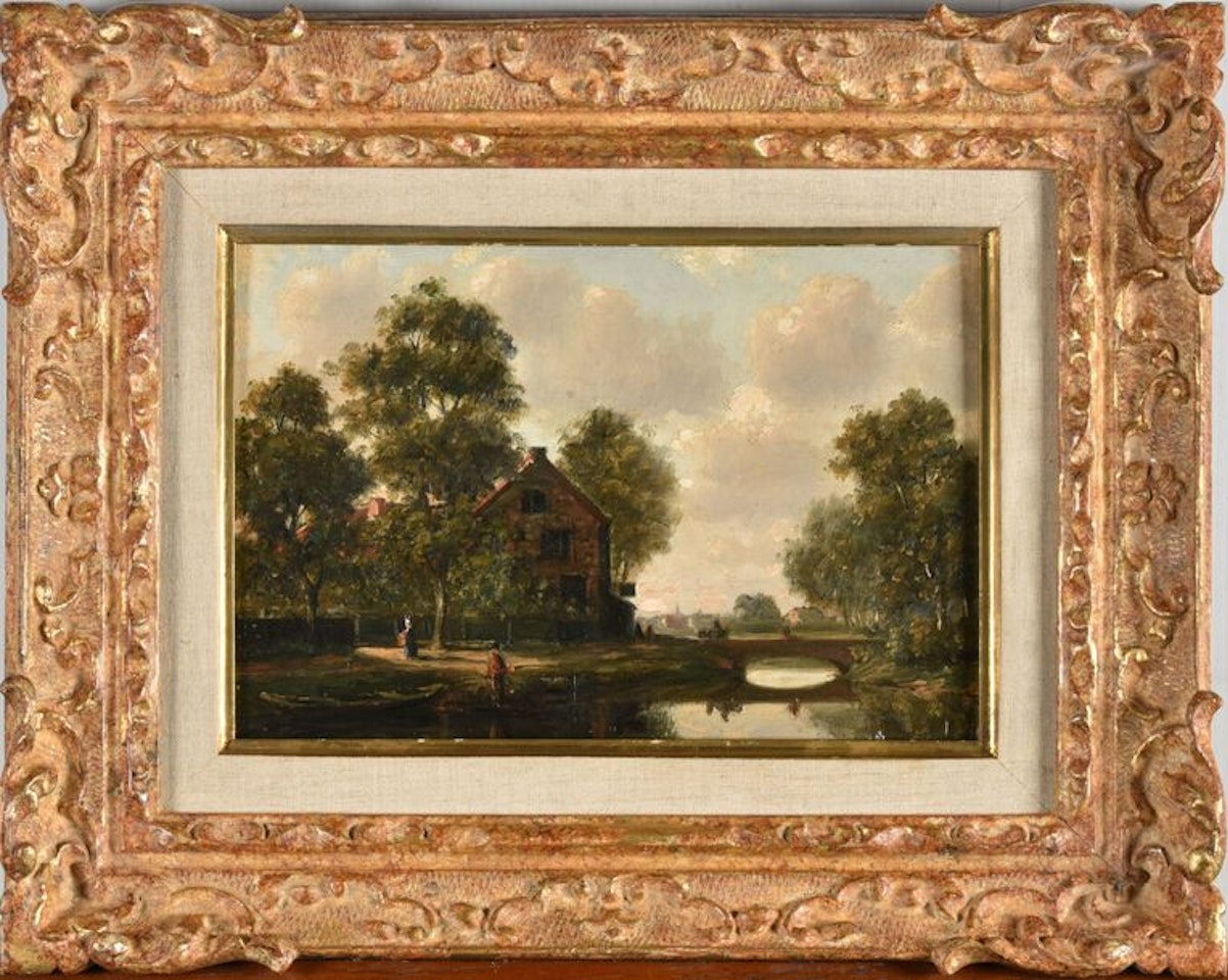 Landscape at the bridge, with a fisherman by French School