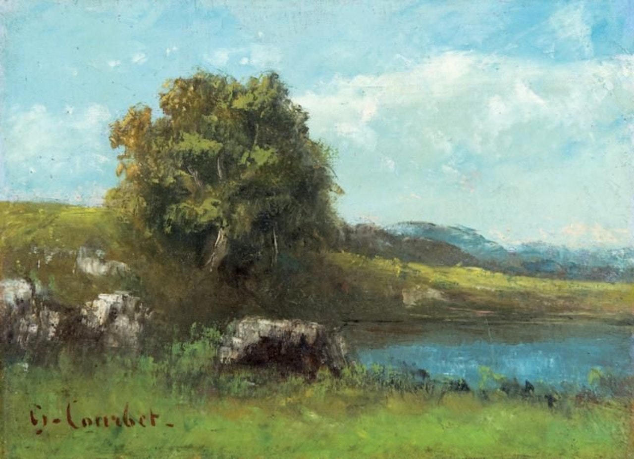 Rocks and trees near a lake; Travel sketch in the Swiss mountains by Gustave Courbet