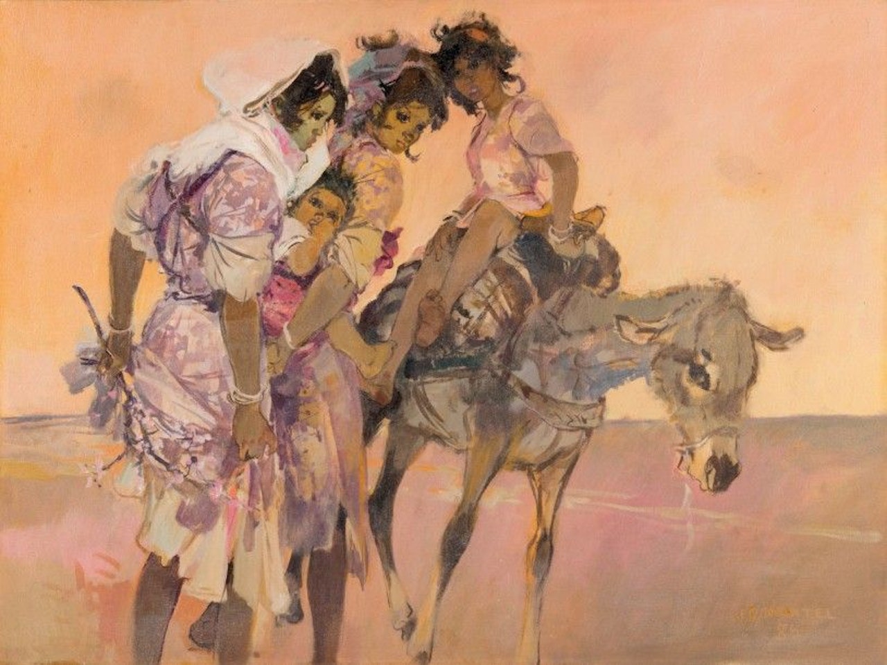 Women and children on the donkey by Jean Gaston Mantel