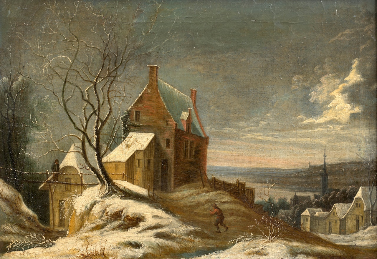 Paysage enneigé à la passerelle by Flemish School
