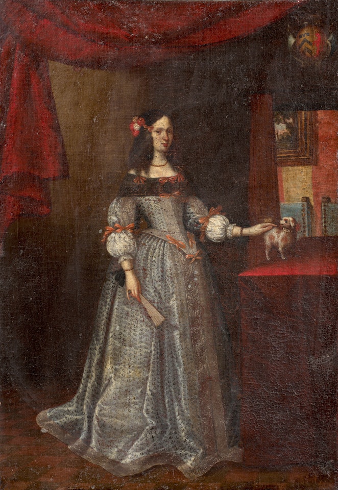 Portrait en pied d"une dame de qualité avec son chien by Italian School