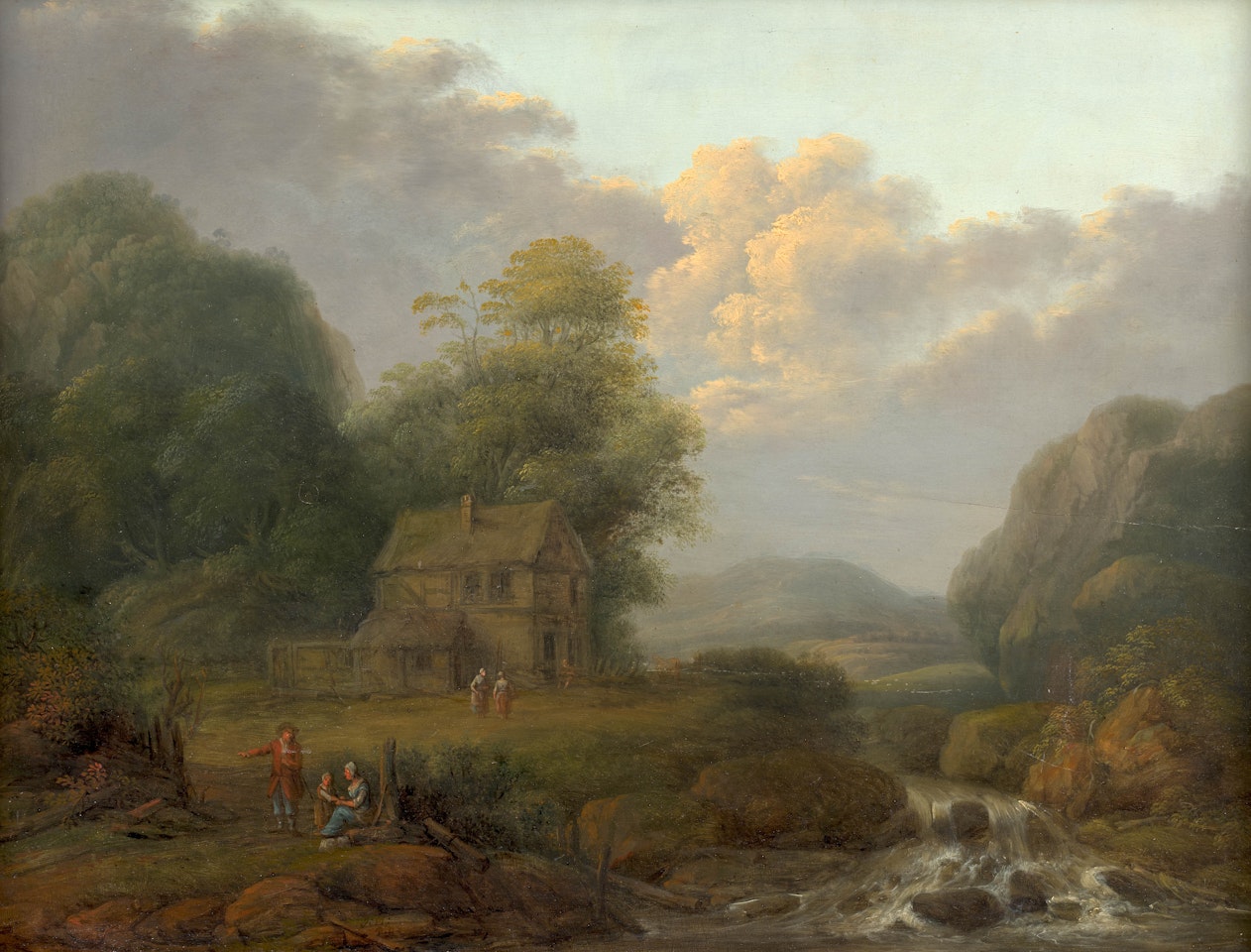 Famille près d'un cours d'eau dans un paysage rocheux by German School