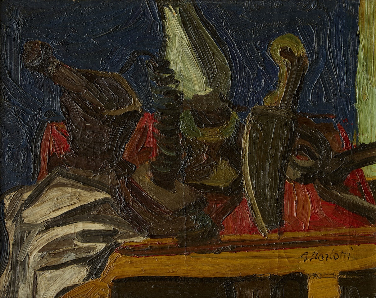 "Still life with knife and tongs" by Ennio Morlotti