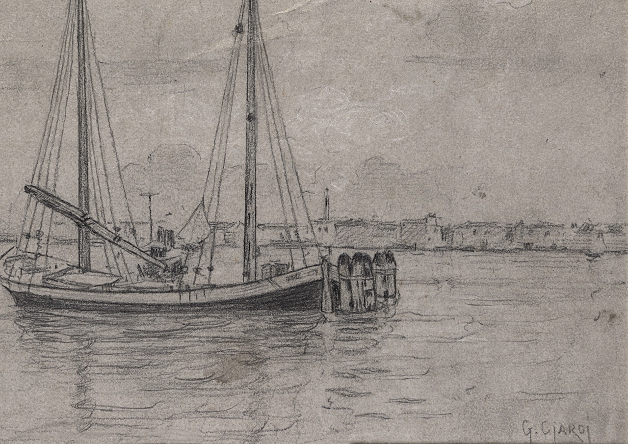 "Fishing boats with Chioggia in the background" by Guglielmo Ciardi
