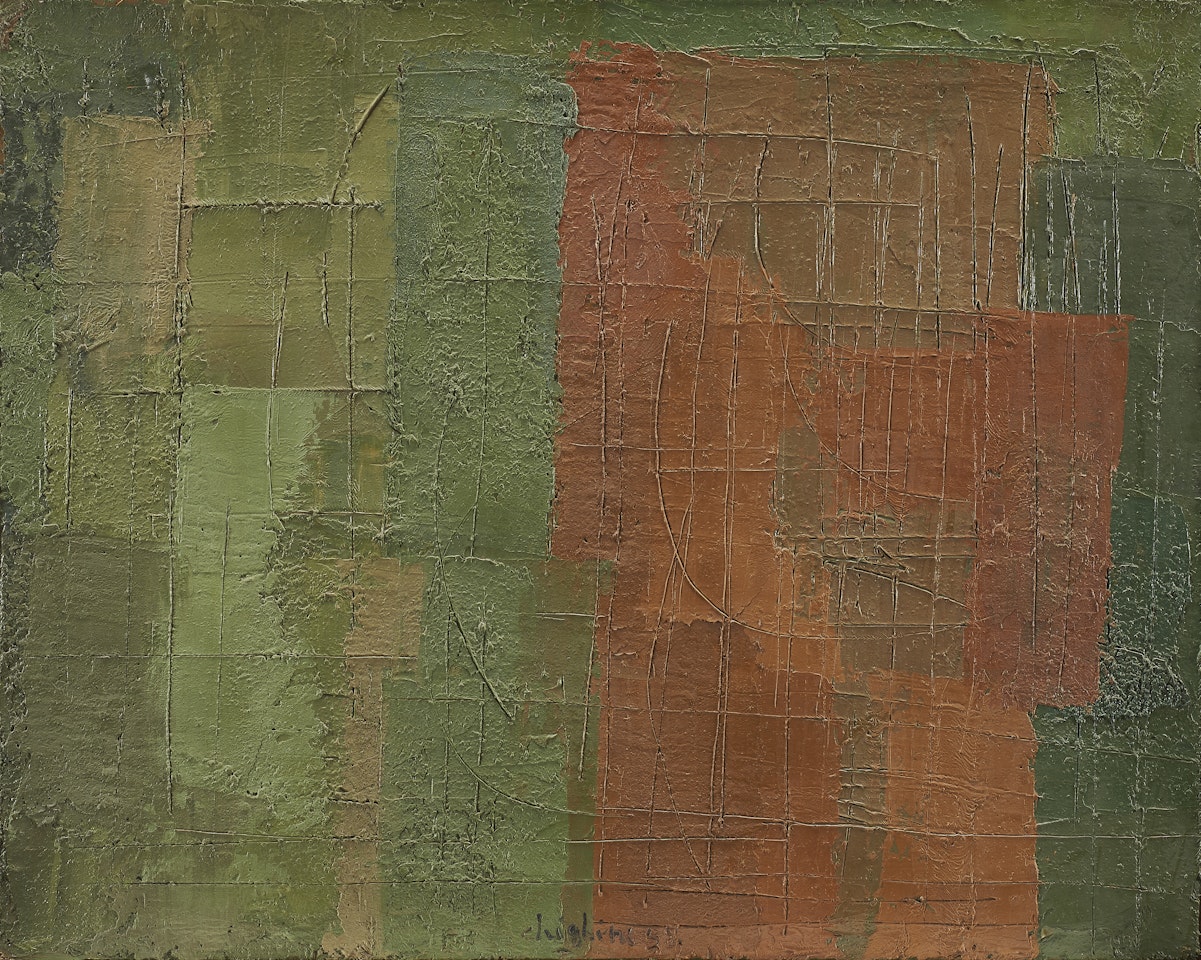 "Red shape and green background" by Alfredo Chighine