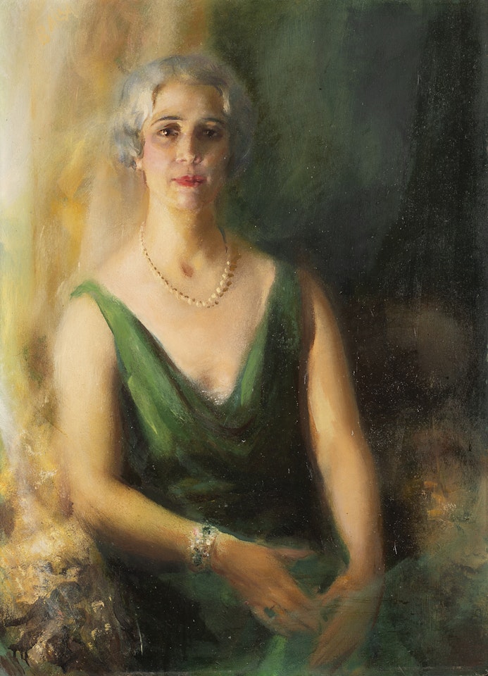 "Portrait of Countess Allodia Frontoni in green dress" by Giacomo Balla