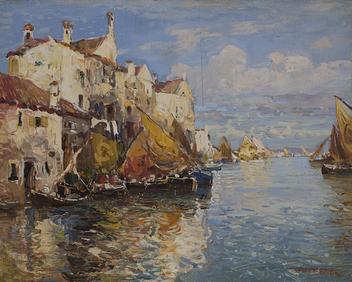 "Coastal landscape with boats" by Fausto Pratella