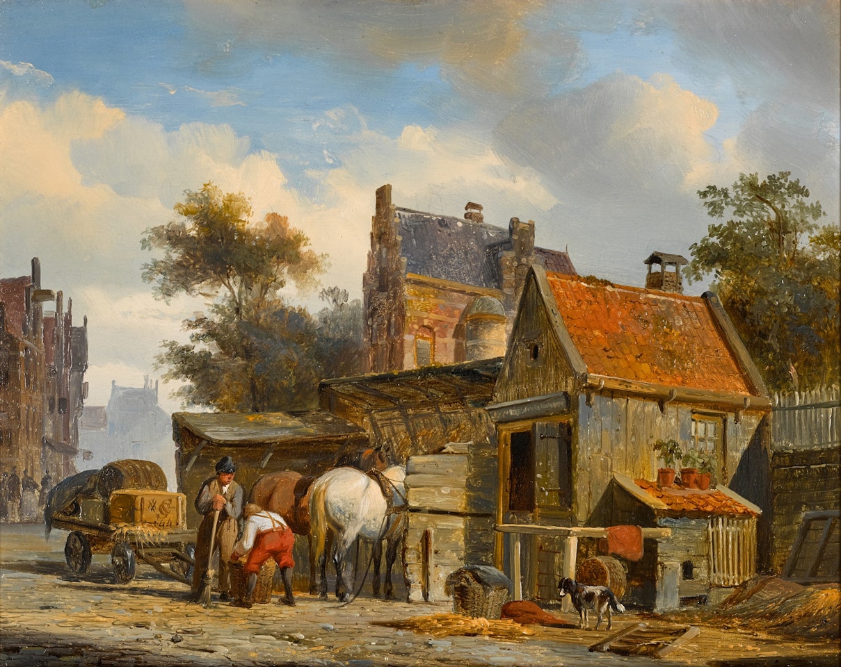 A Street Scene with a Blacksmith at Work by Cornelis Springer