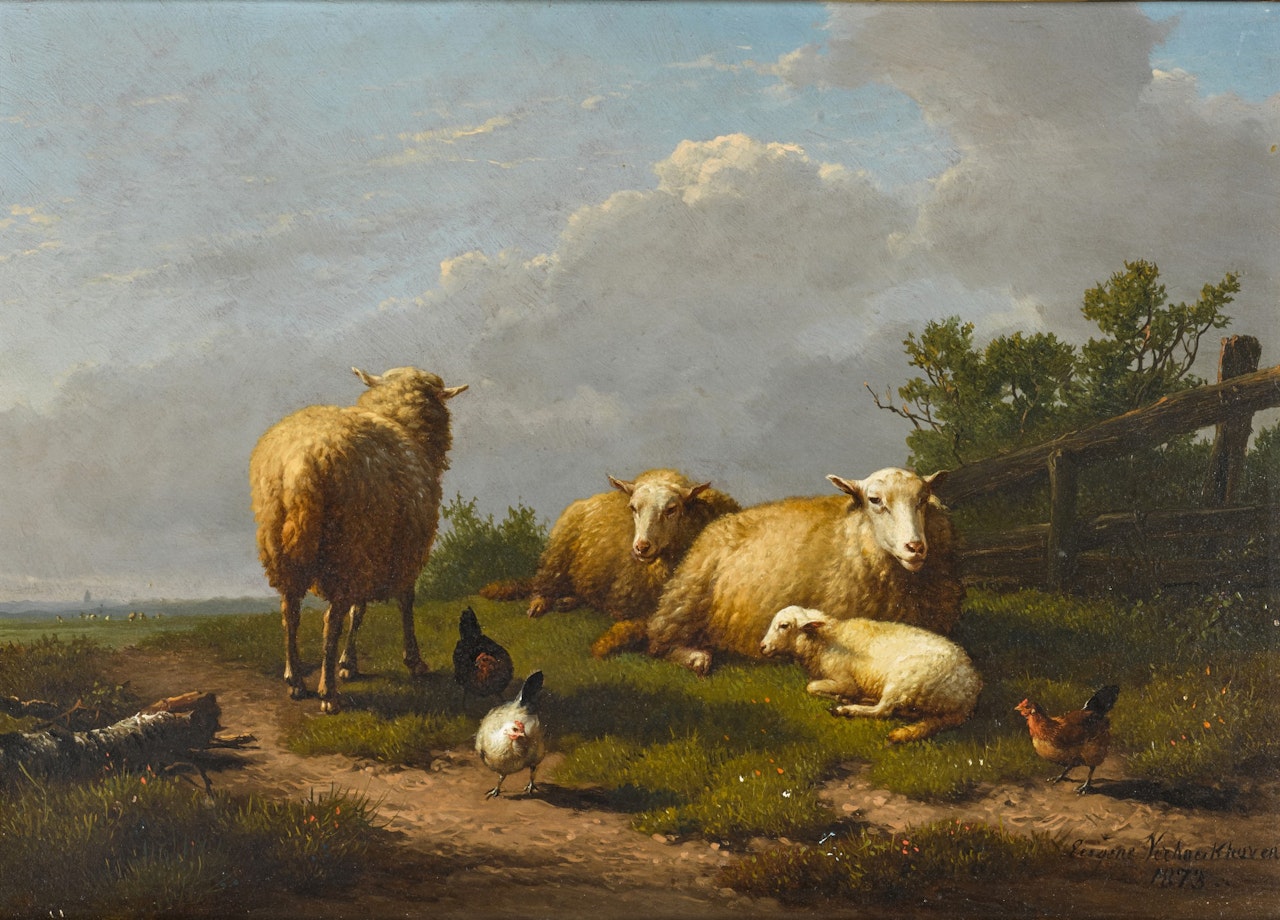 Sheep and Chicken in a Landscape by Eugène Joseph Verboeckhoven