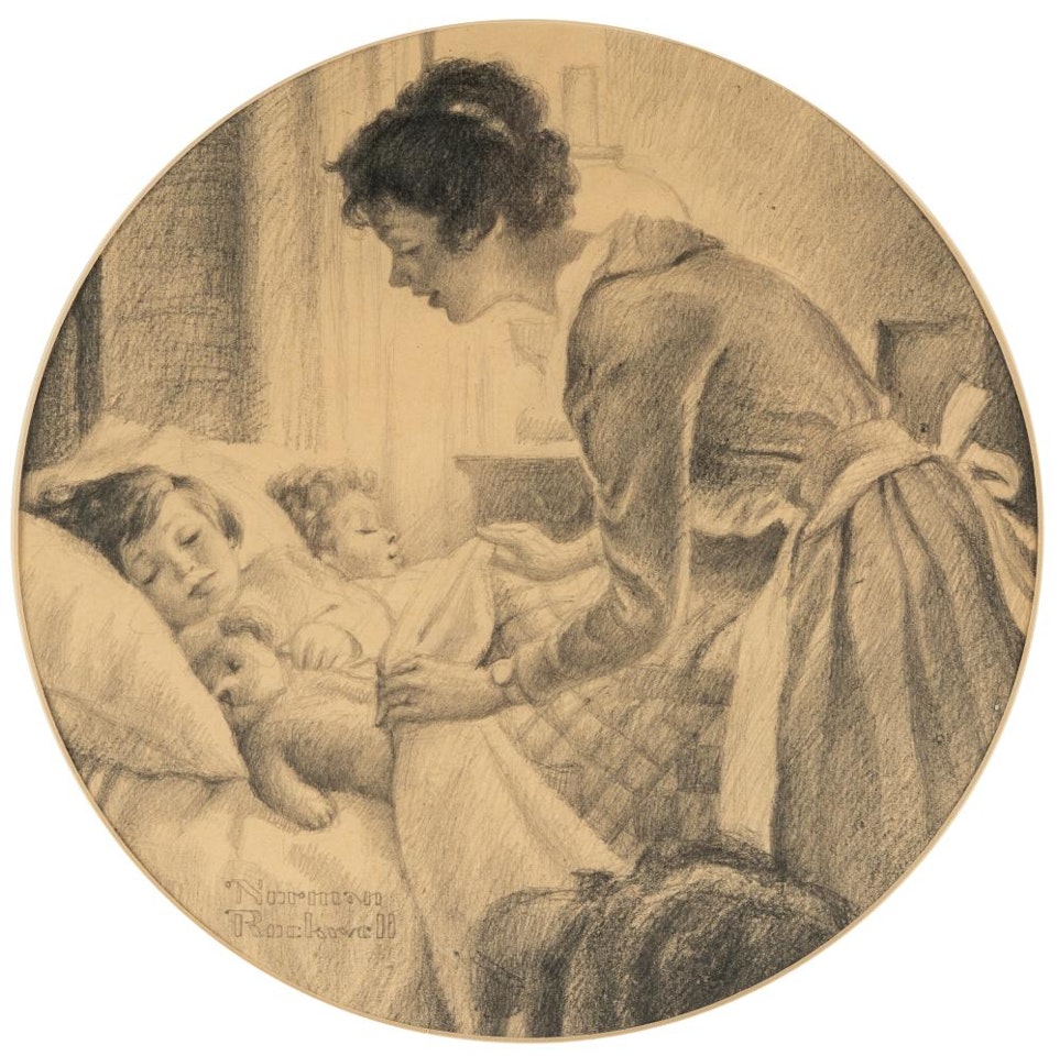 STUDY FOR MOTHER TUCKING CHILDREN INTO BED (MOTHER"S LITTLE ANGELS) LITERARY DIGEST COVER by Norman Rockwell