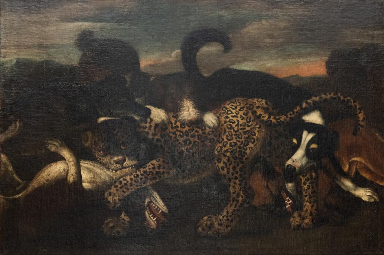 dogs fighting a leopard by Italian School