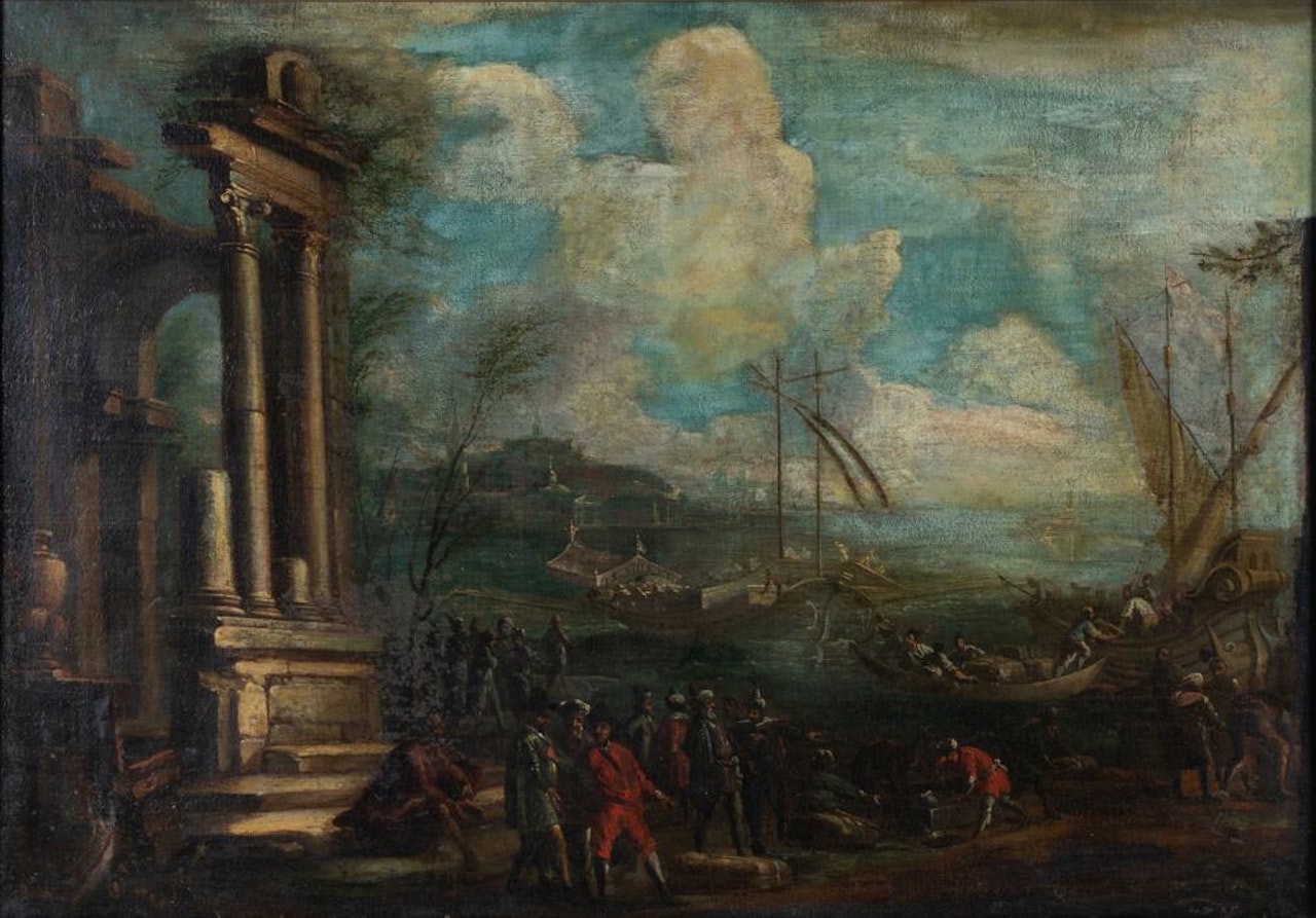 capriccio with architectural ruins and boats in a harbor by Italian School