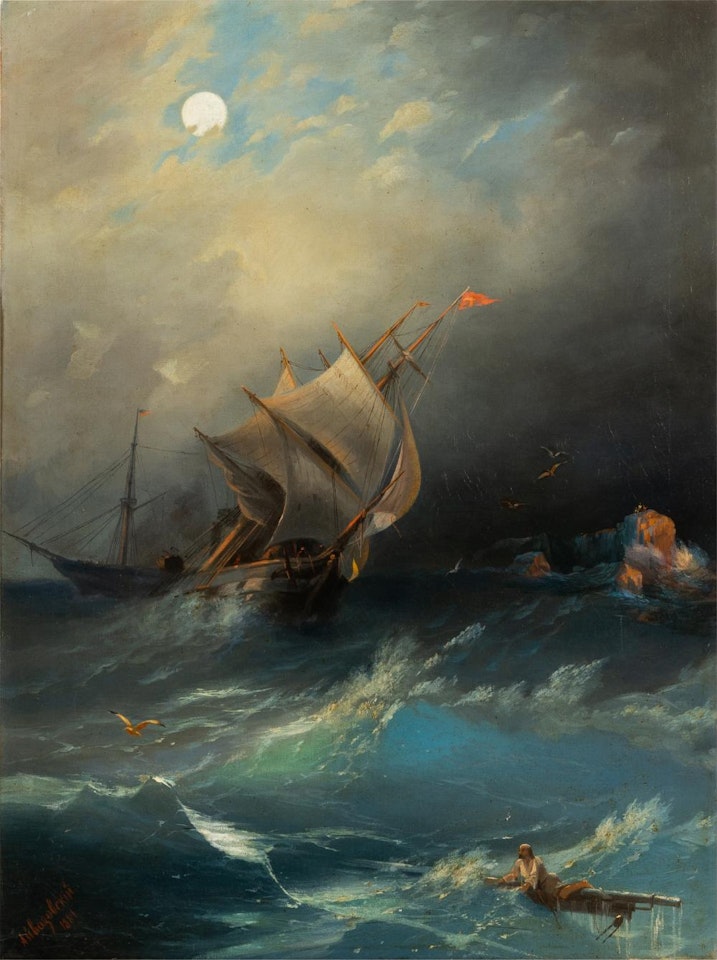 Moonlit Ships At Sea by Russian School
