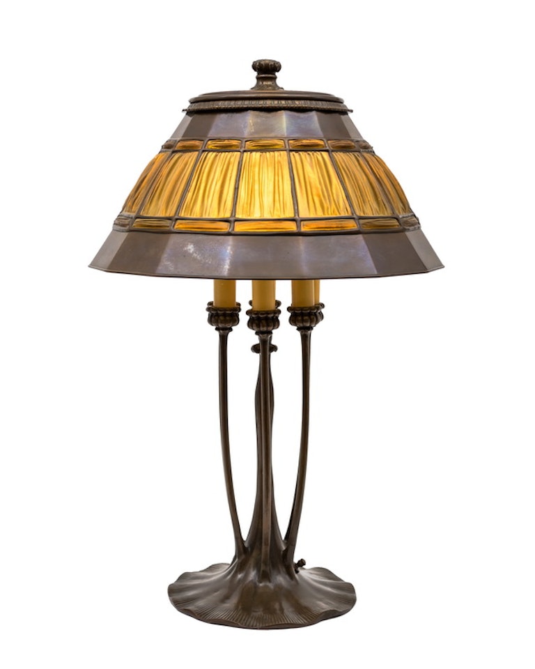 LINENFOLD" & BRONZE TABLE LAMP by Tiffany Studios