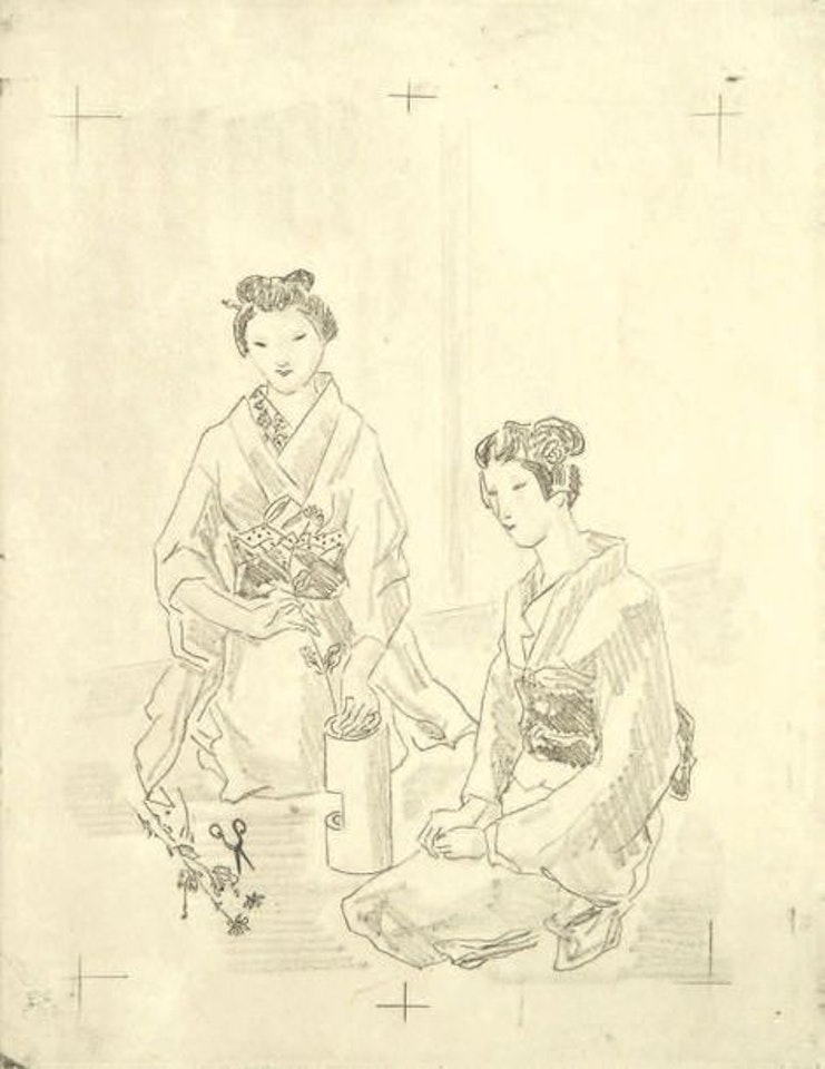 Two seated Japanese women, plate for The Third Youth of Madame Prune by Leonard Tsuguharu Foujita