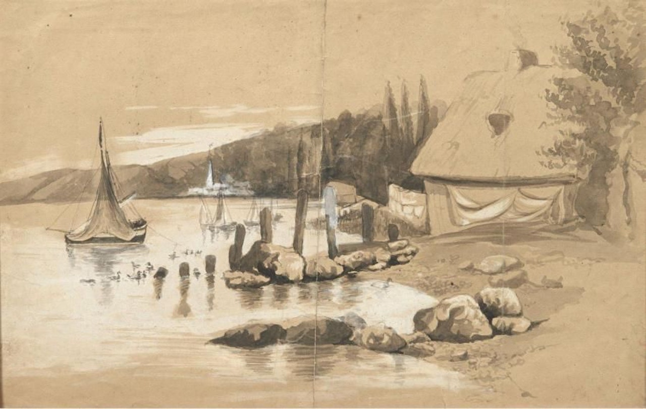 Cottage and small sailboats at the water"s edge by Eugène Boudin