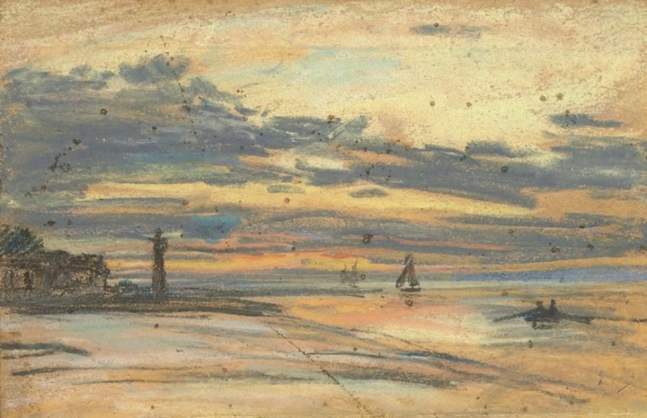 Honfleur, boat and sailboats at low tide by Eugène Boudin