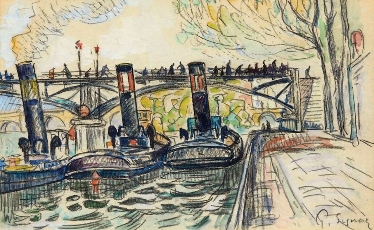 Three steam barges under the Pont des Arts by Paul Signac