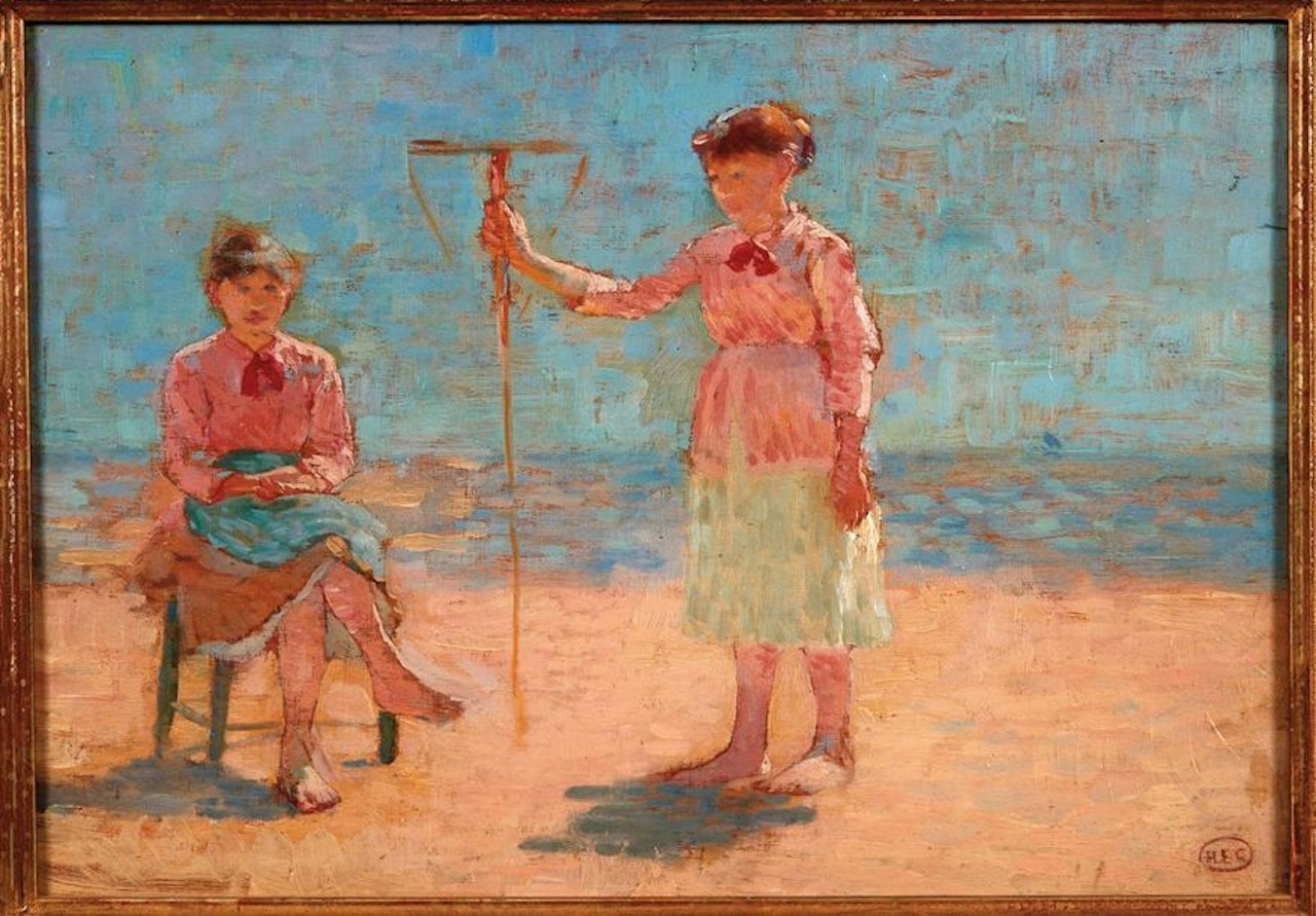 Two young girls with a landing net on the beach by Henri Edmond Cross