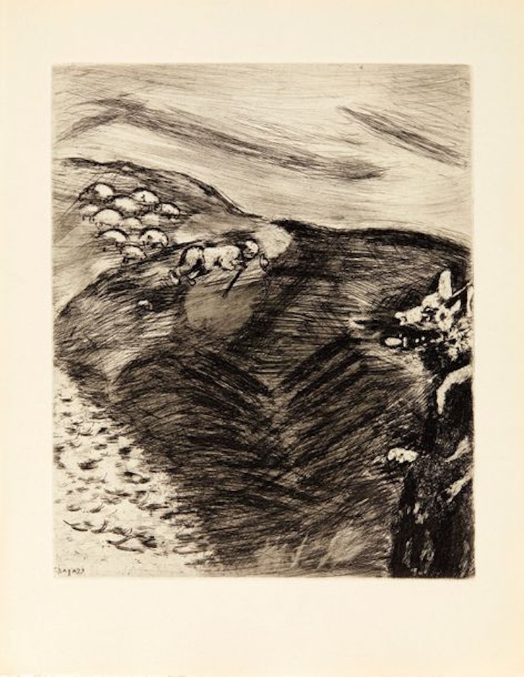 The Oak and the Reed, The Two Bulls and a Frog, The Lice and Her Companion, The Lion and the Rat and The Wolf Who Became a Shepherd, plate from the continuation of La Fontaine"s Fables by Marc Chagall