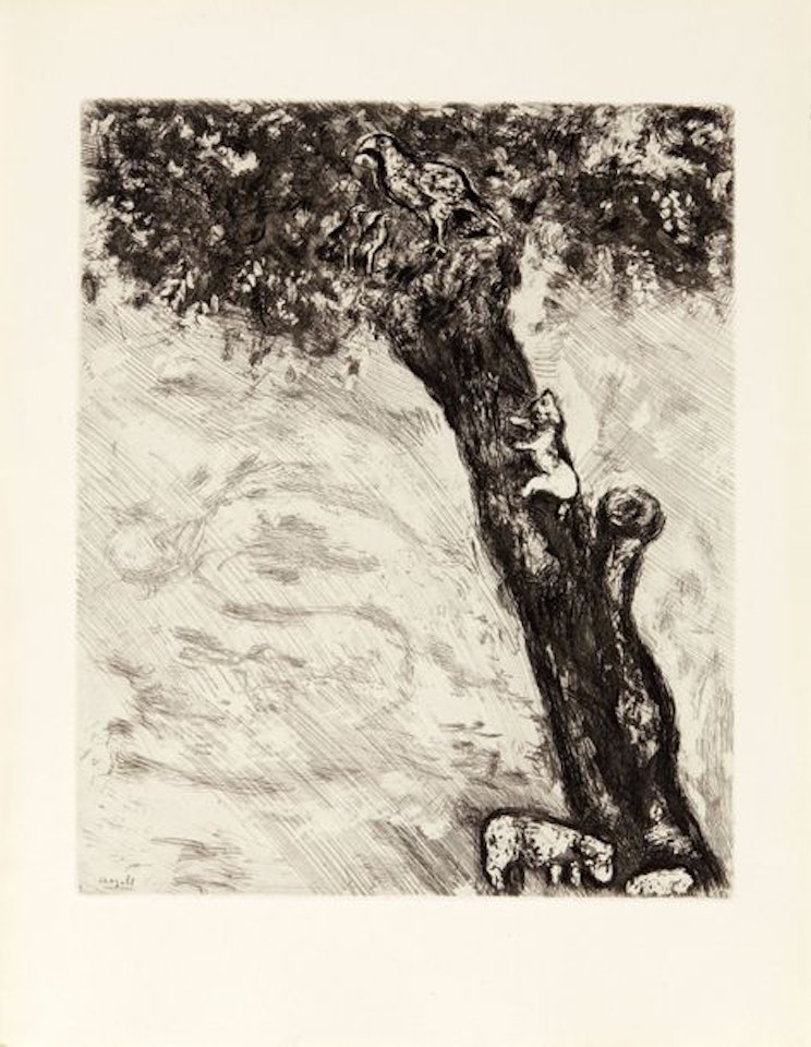 The Eagle, the Sow and the Cat, The Satyr and the Passerby, The Rat and the Elephant, The Funeral of the Lioness and The Statuary and the Statue of Jupiter, plate from the suite Les Fables de La Fontaine by Marc Chagall