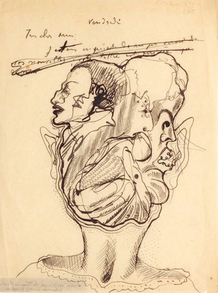 Transparency of faces emerging from a shell Ink on paper including the beginning of a letter by Francis Picabia