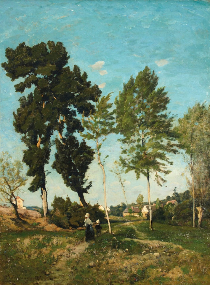 Landscape, woman on the road by Henri Harpignies