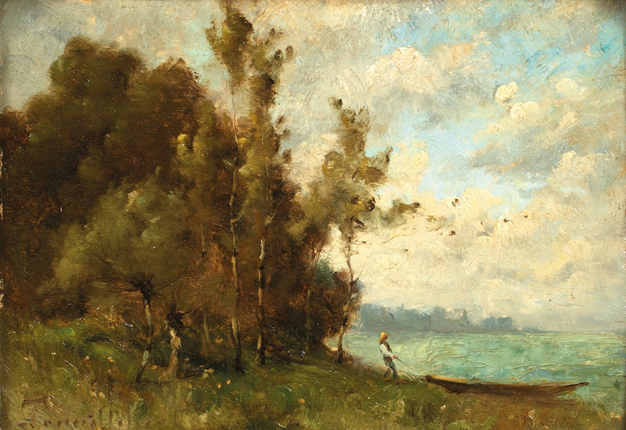 Man bringing his boat on the wooded shore by Paul Désiré Trouillebert
