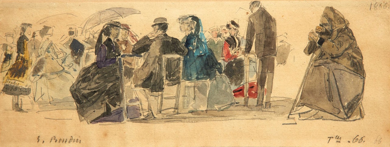 People sitting on the beach, old lady on the right by Eugène Boudin