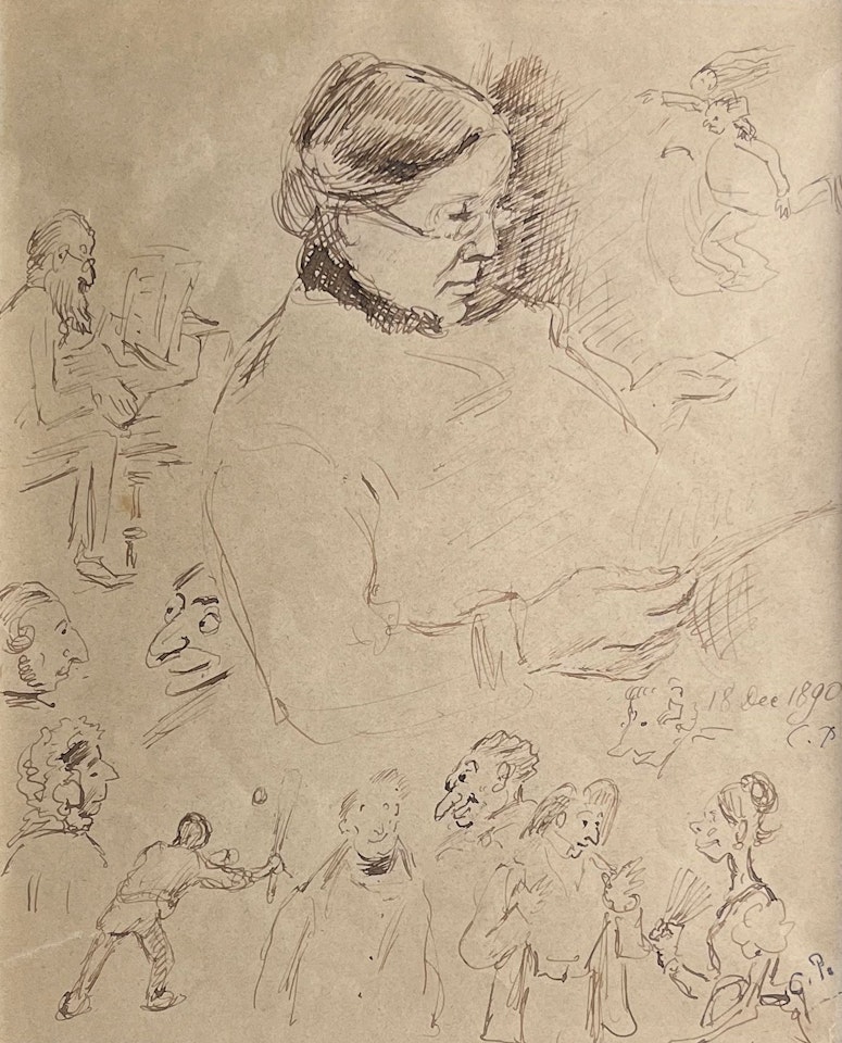 Portrait of Julie reading and caricatures by Camille Pissarro