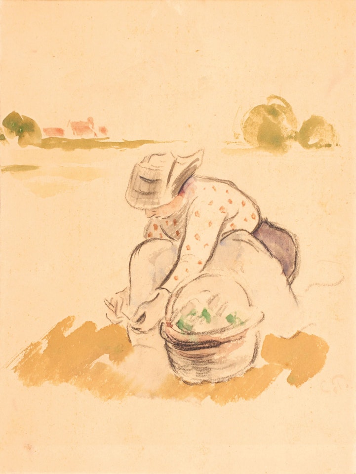 Young woman kneeling near her basket by Camille Pissarro