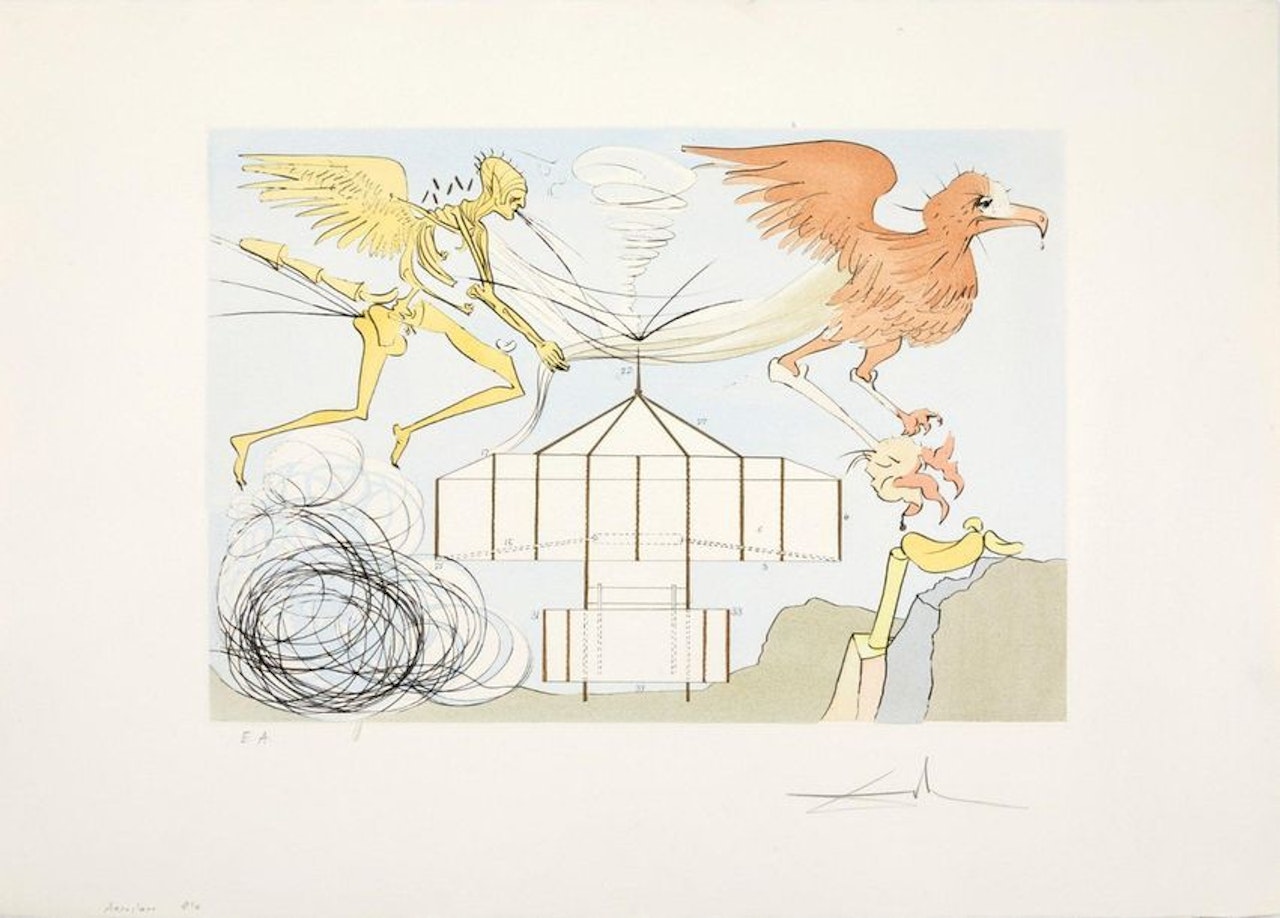 The Aeroplane, plate from the suite Tribute to Leonardo da Vinci by Salvador Dali