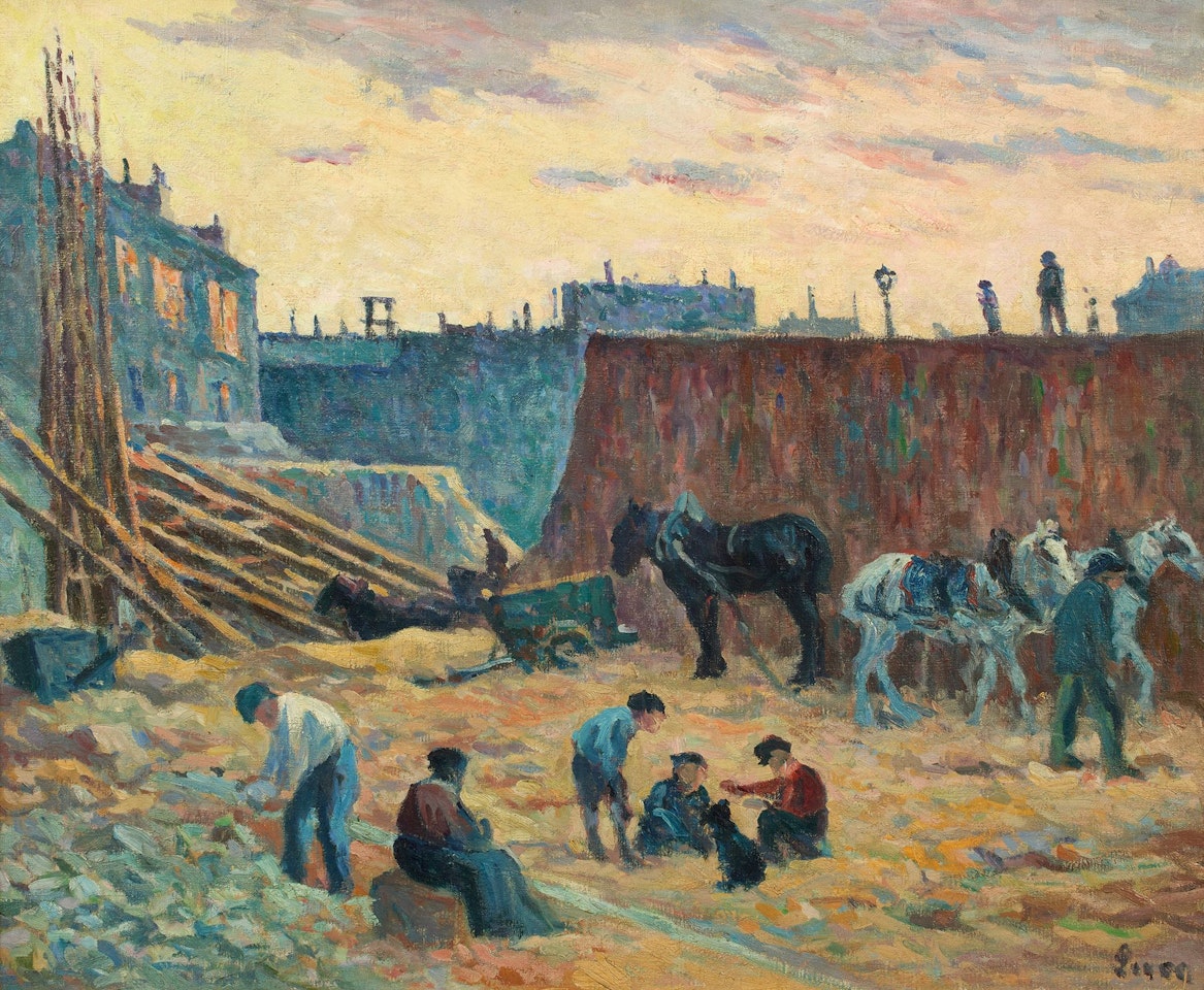 Construction site, carriages and stone picker by Maximilien Luce