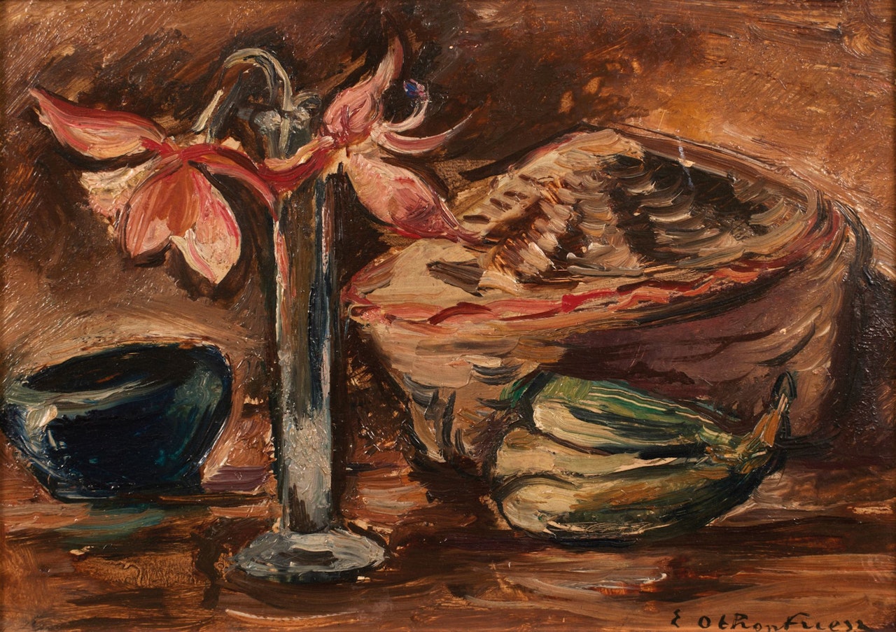 Still life with soliflore, fruit and basket. by Othon Friesz