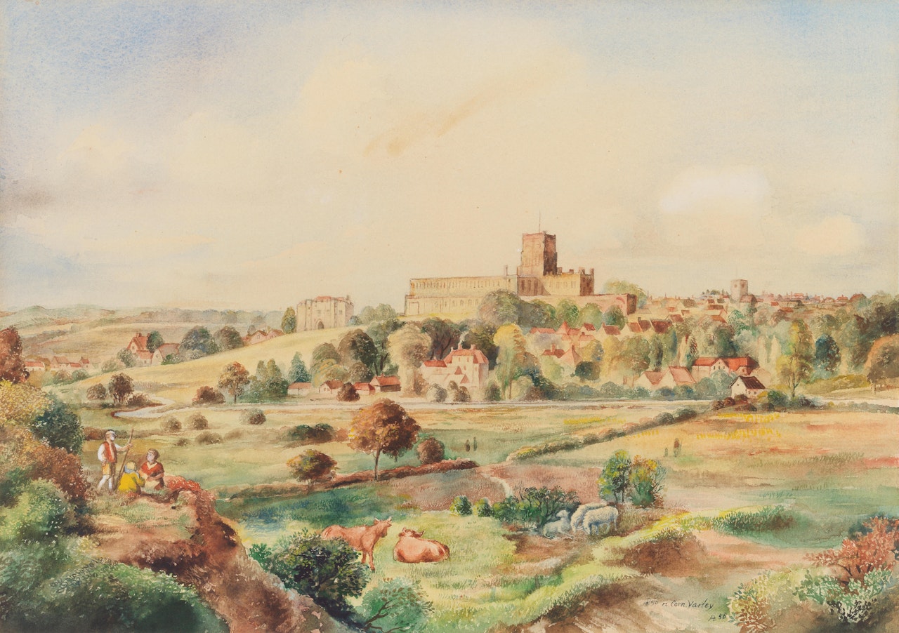 Cattle grazing outside a town by English School