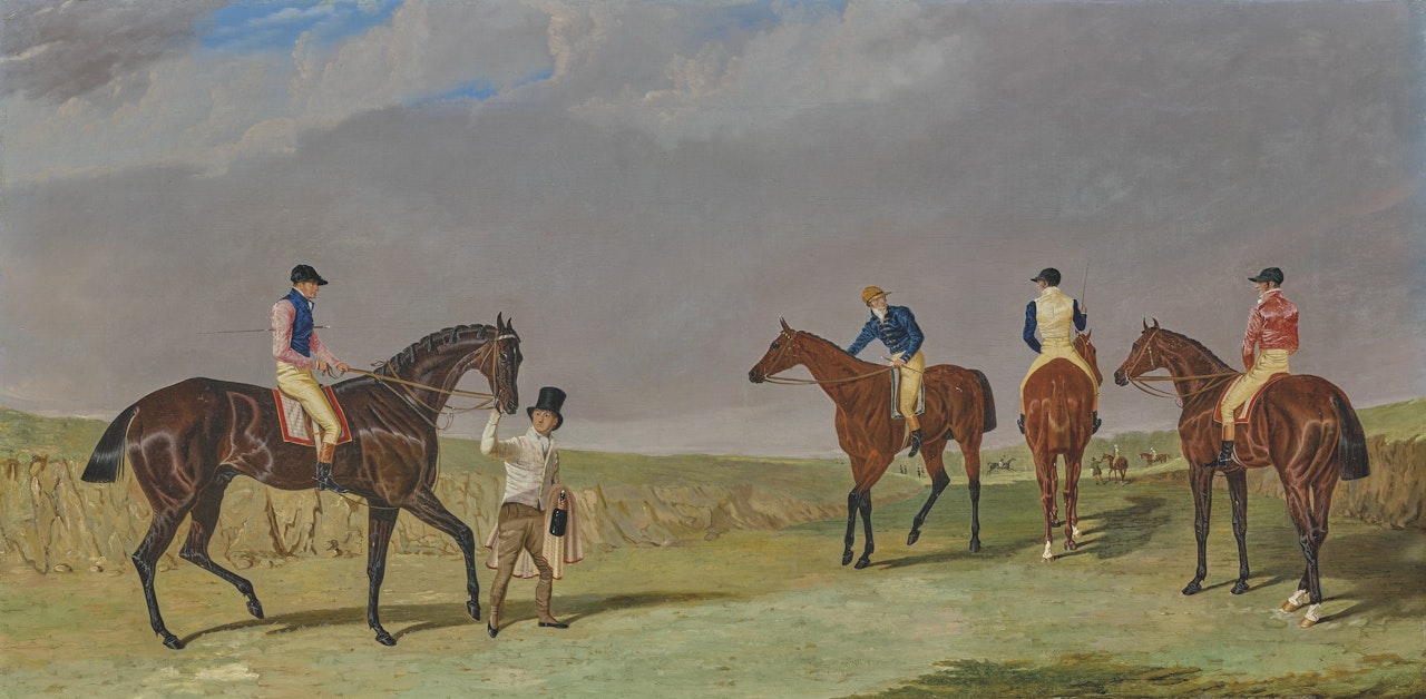 Preparing for the Doncaster Gold Cup, 1825, with Mr. Whittaker's 'Lottery', Mr. Craven's 'Longwaist', Mr. Lampton's 'Cedric', and Mr. Farquharson's 'Figaro' by John Frederick Herring