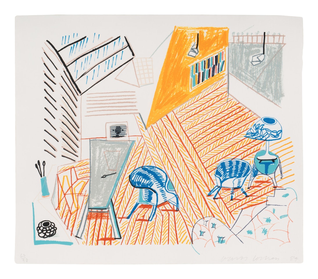 Pembroke Studio with Blue Chairs and Lamp (from Moving Focus) by David Hockney