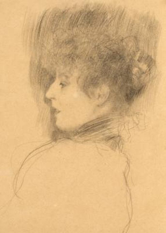 Bust of a lady in profile turned to the left (study for the portrait of Melanie Cambras), verso four composition sketches for the allegory of Secular and Sacred Music by Gustav Klimt