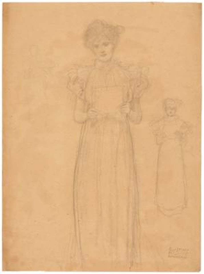 Female figure with a sheet in her hands, repetitions to the left and right of it (study for “Schubert am Klavier I”); female figure in long robe, playing a string instrument (study for “Weltliche Musik”) by Gustav Klimt