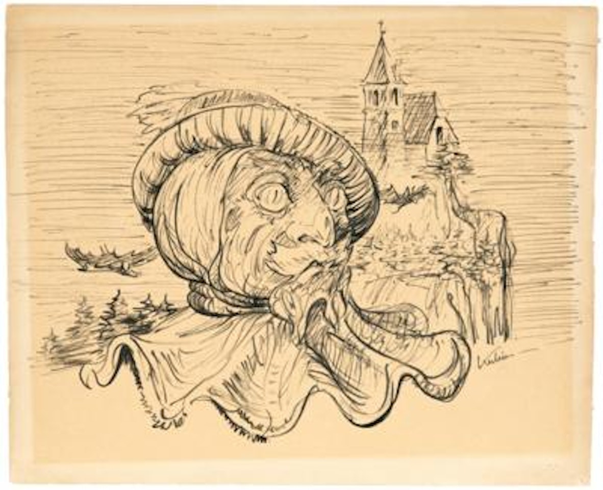 Head in a landscape with a church by Alfred Kubin